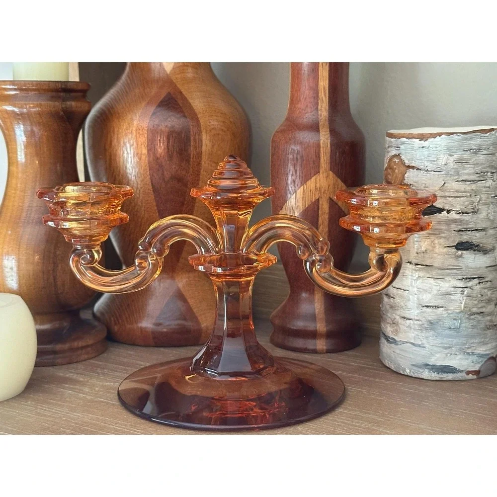 Vintage Amber Glass Double Candelabra MCM Pressed Two Arm Candle Holder